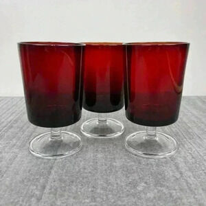 Wine Goblets Set of 3 Ruby Red Ombre Footed Glasses Vintage Mid-Century Barware